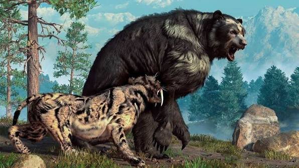 Arctodus compitiendo con otros depredadores como el Smilodon