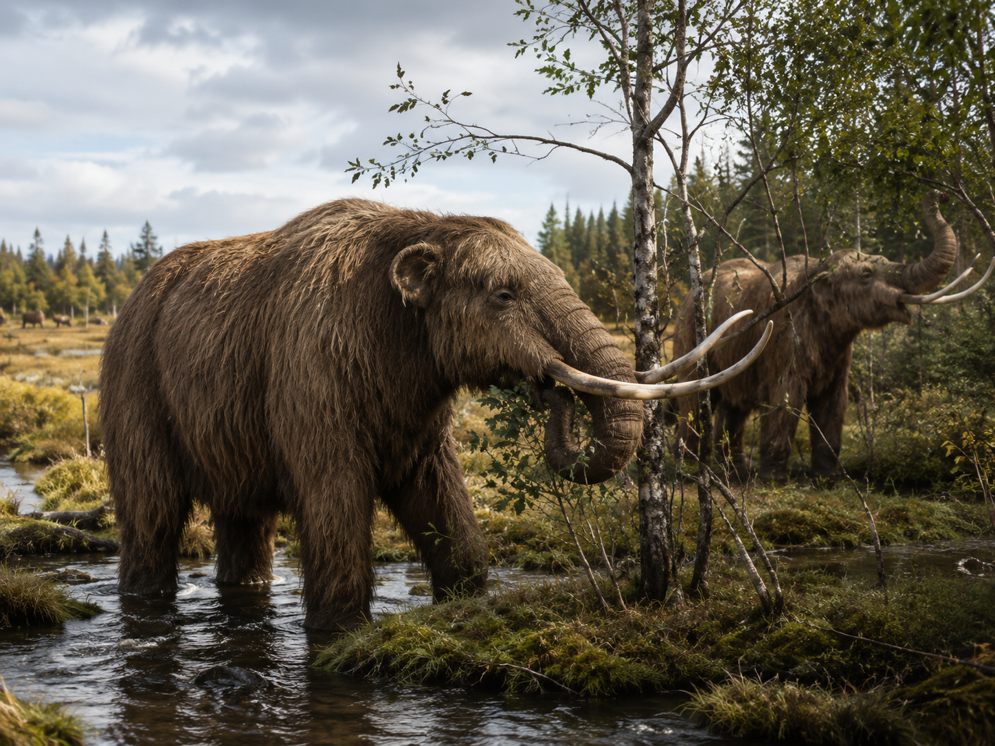 Reconstrucción de un mamut lanudo alimentándose en la estepa