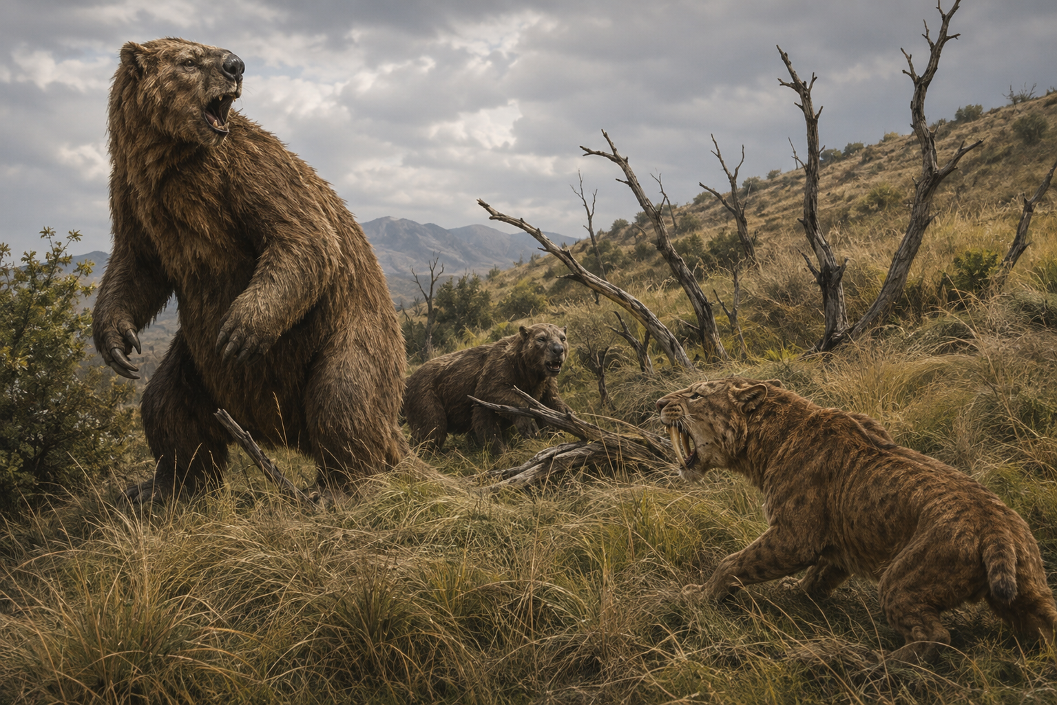 Megaterio defendiéndose de un Smilodon